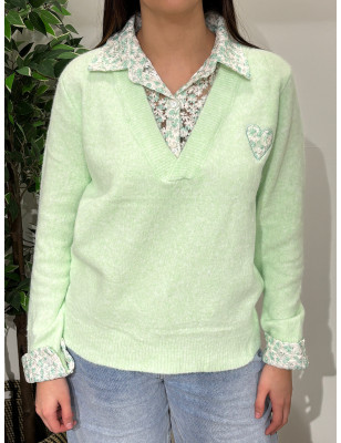 Camisola de malha c/gola de camisa às flores