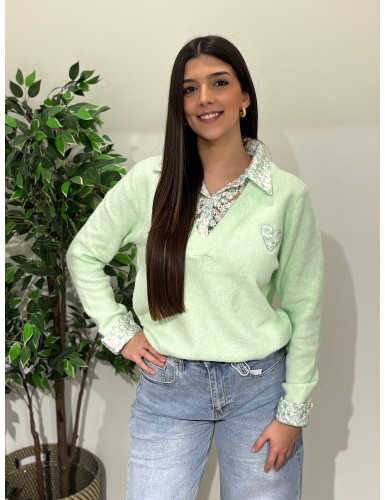 Camisola de malha c/gola de camisa às flores