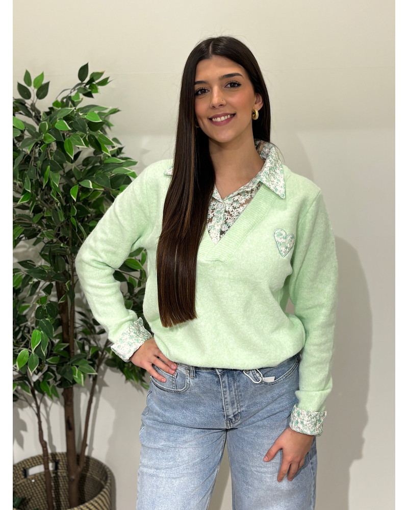 Camisola de malha c/gola de camisa às flores