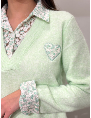 Camisola de malha c/gola de camisa às flores