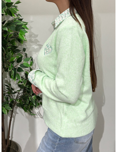 Camisola de malha c/gola de camisa às flores