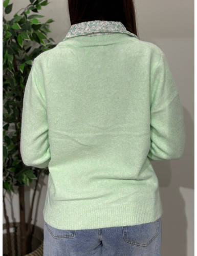 Camisola de malha c/gola de camisa às flores