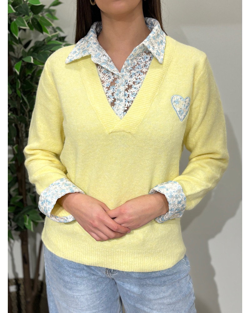 Camisola de malha c/gola de camisa às flores