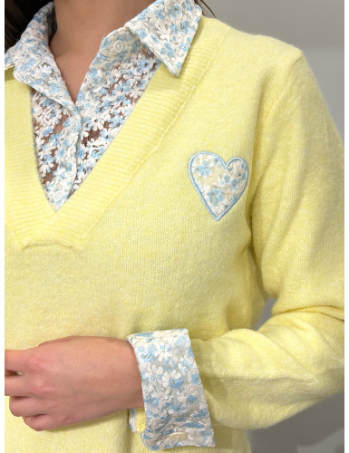 Camisola de malha c/gola de camisa às flores