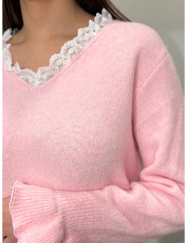 Camisola de malha c/renda no decote